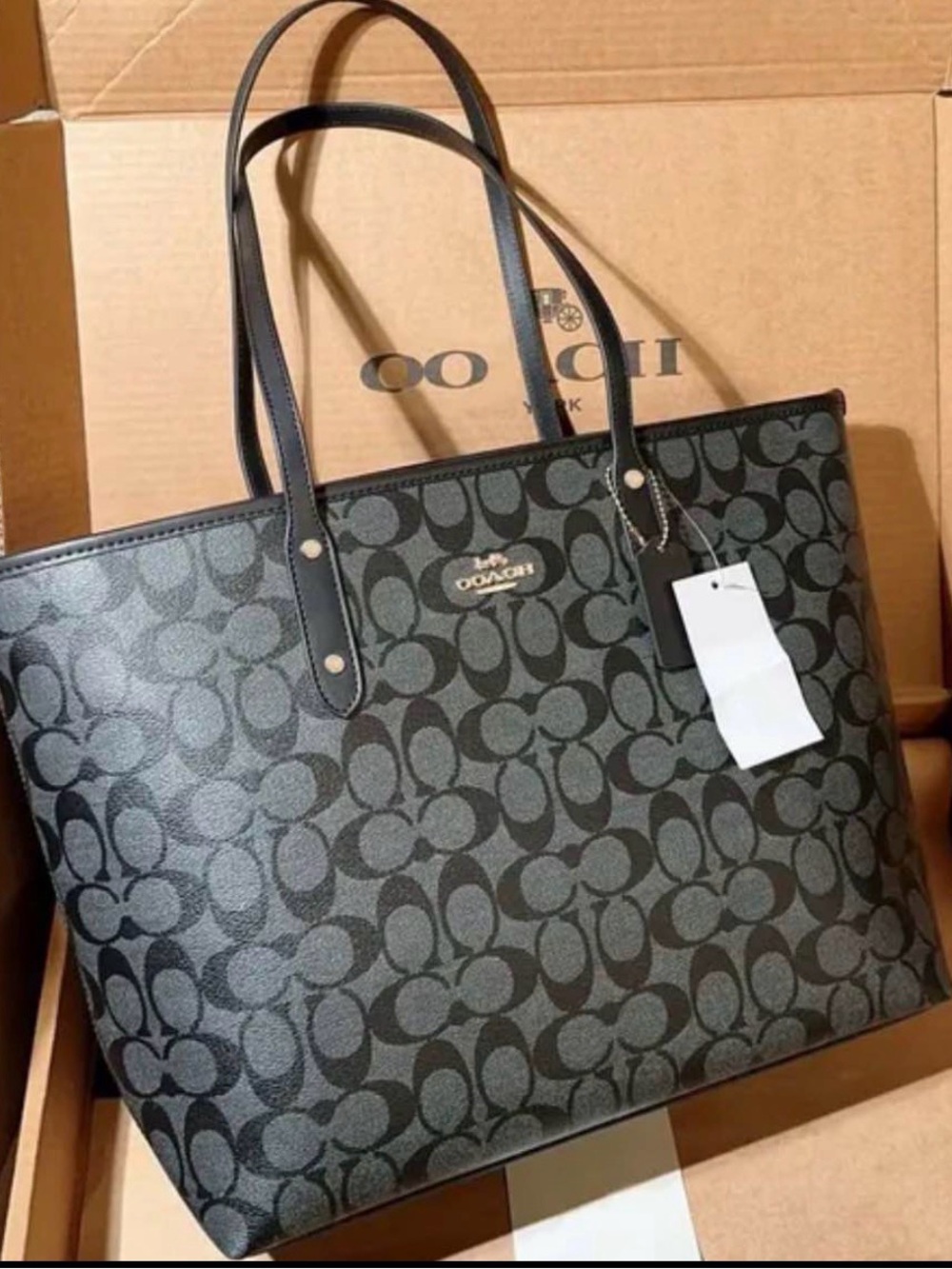 Coach Gray and Black Signature Canvas Tote